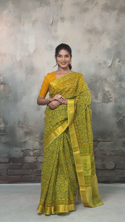 Siyahi - Green Handwoven Hand Block Printed Gold Zari Border Cotton Saree