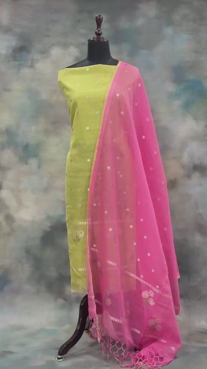 Lime Green & Pink Zari Kota Doria Suit Set