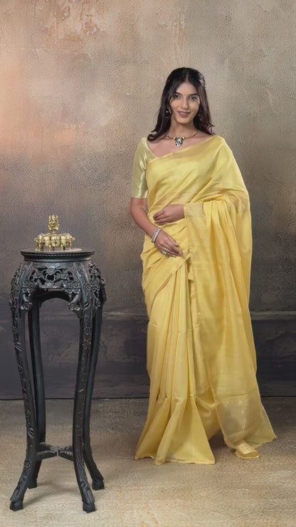 Swarvi - Handwoven Chanderi Half Tissue Saree in Soft Yellow with Zari