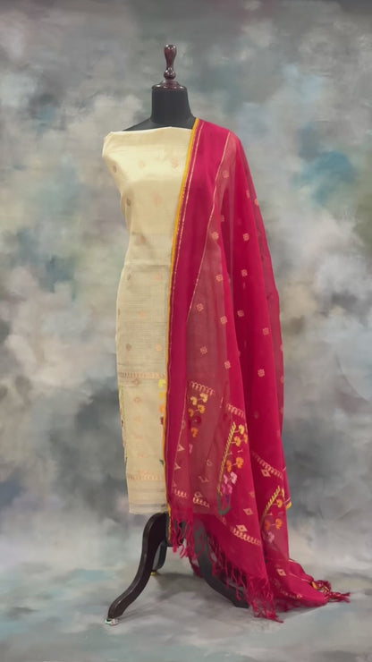 Ivory & Crimson Red Zari Kota Doria Suit Set with Dupatta