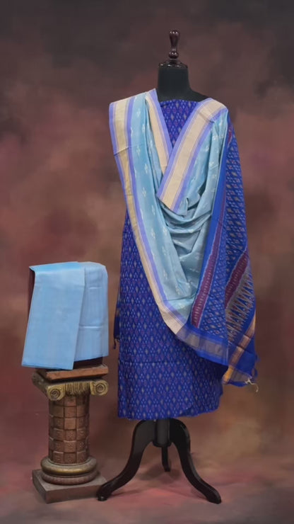 Royal Blue Ikat Handwoven Suit Set with Light Blue Dupatta