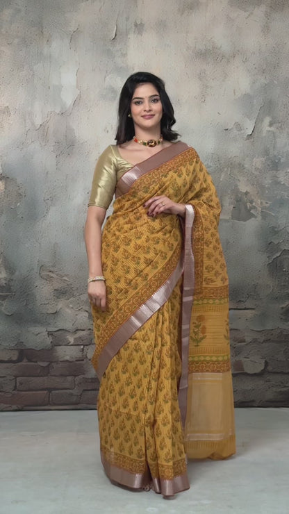 Siyahi - Mustard Handwoven Hand Block Printed Gold Zari Border Cotton Saree