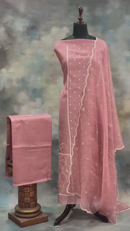 Rose Pink Chanderi Cotton Silk Suit Set with Organza Dupatta
