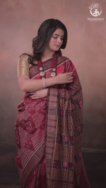 SAMBALPURI IKAT NATURAL DYES SAREE IN PURE SILK -4/3 PLY PURE MULBERRY SILK - MAROON N COFFEE BROWN