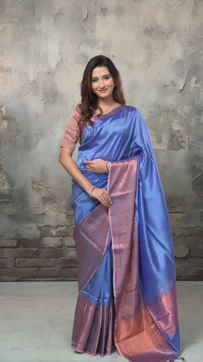 Bhadra - Lavender Blue Handwoven Plain With Copper Zari Border Silk Saree