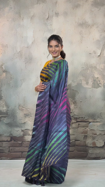 Dhanak - Ink Blue Leheriya Saree In Tussar Silk