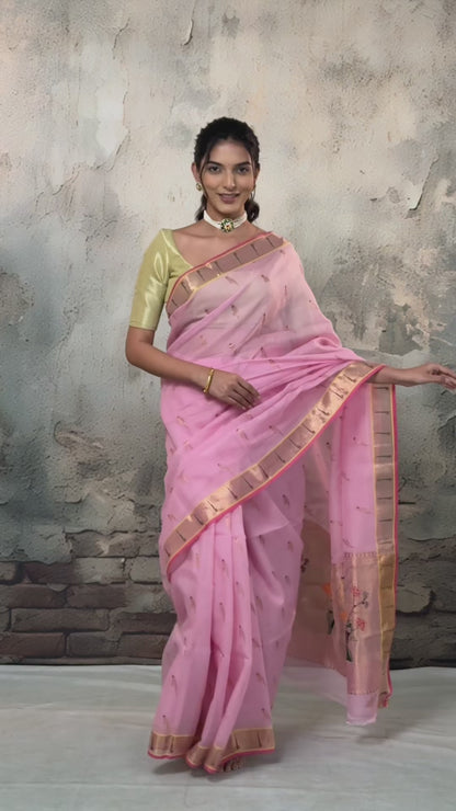 Aliyah - Pastel Pink Handwoven Zari Kota Saree With Dark Pink Blouse