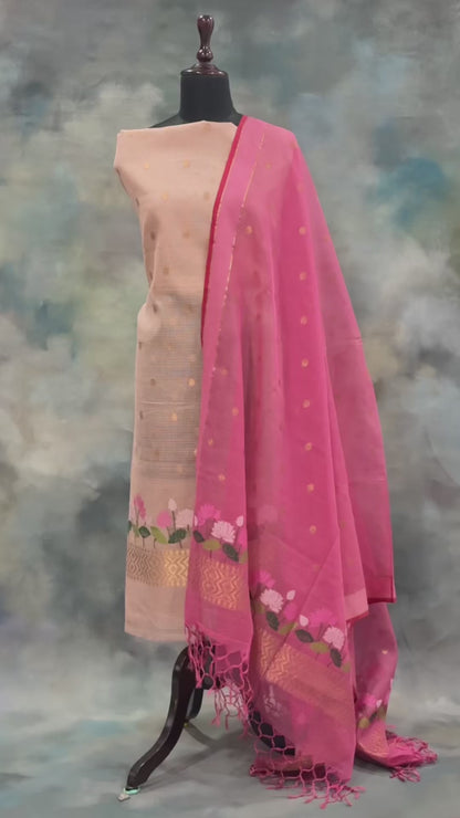 Blush Beige & Rani Pink Zari Kota Doria Suit Set with Floral & Zari Accents