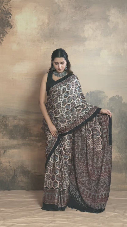 Ushraa - Blush Beige Handcrafted Ajrakh Modal Silk Saree