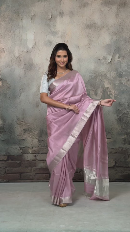 BHADRA - PASTEL MAUVE PLAIN HANDWOVEN SILK SAREE WITH SILVER ZARI BORDER