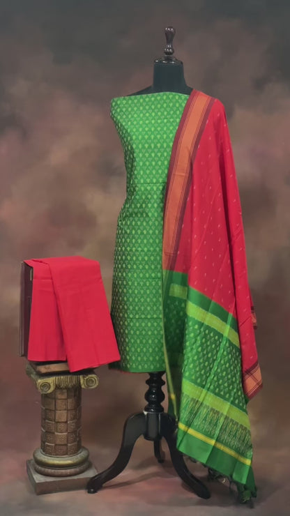 Green Ikat silk Cotton Suit Set with Contrasting Red Dupatta