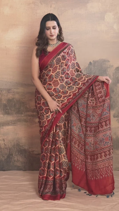 Ushraa - Ajrakh Hand Block Printed Red Modal Silk Saree