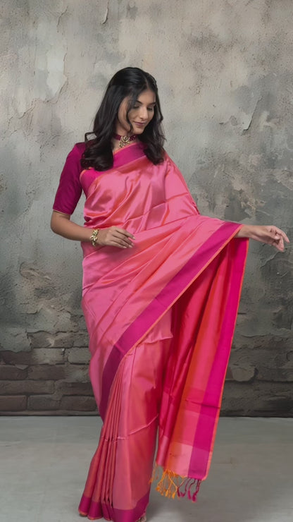 Narmaa - Orange Shot Pink (Peachish Pink) With Rani Pink Resham Lehar Border