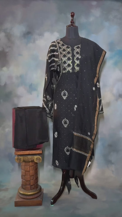 Elegant Hand-Embroidered Lucknowi Suit in Classic Black