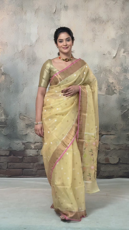 Aliyah - Pastel Yellow Handwoven Zari Tissue Kota Saree With Orange Blouse