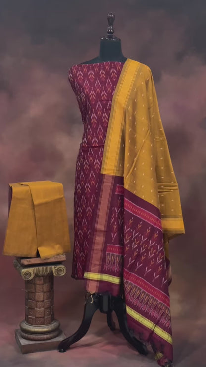 Maroon Ikat Silk Cotton Suit Set with Mustard Yellow Dupatta