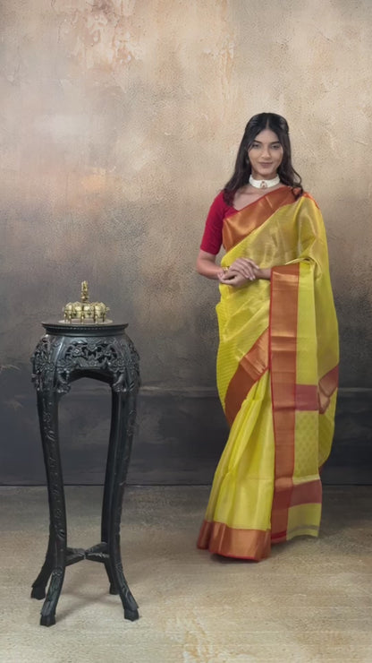 Swarvi - Elegant Lime Green Chanderi Jamawar Saree with Red Accents