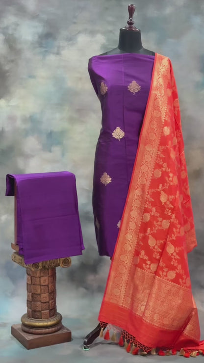 Noushk - Deep Violet Meenakari Gold Buta Handwoven Pure Katan Silk Banarasi Suit