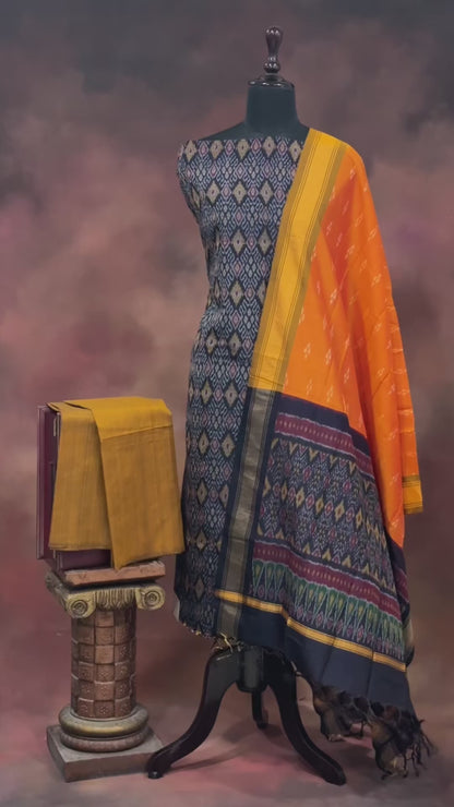 Navy Ikat Silk Cotton Suit Set with Mustard Orange Dupatta
