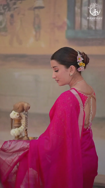 Bhadra - Pink Plain Handwoven Silk Cotton Saree With Silver Zari Kanchi Border