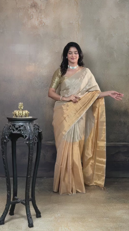 Swarvi - Handwoven Chanderi Zari Tissue Half-and-Half Saree in Gold & Silver