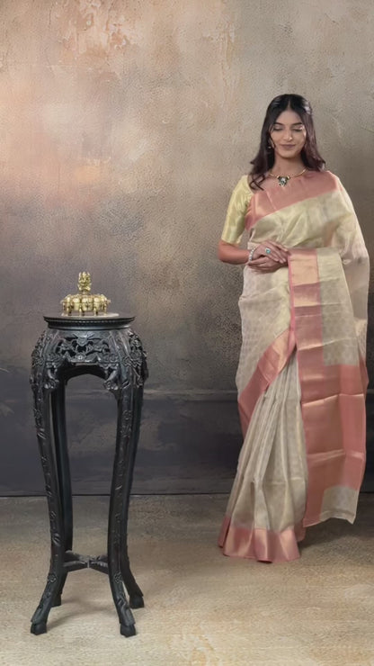 Swarvi -  Handwoven Chanderi Jamawar Saree in Beige with Buta