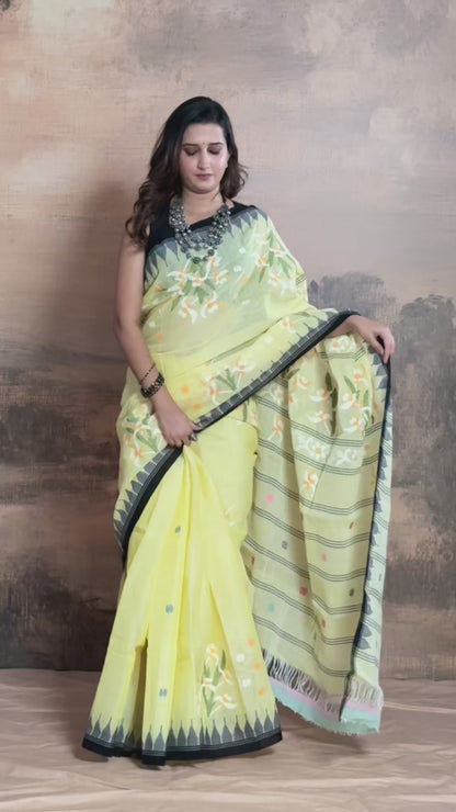 Pastel Yellow Jamdani Handloom Cotton Saree