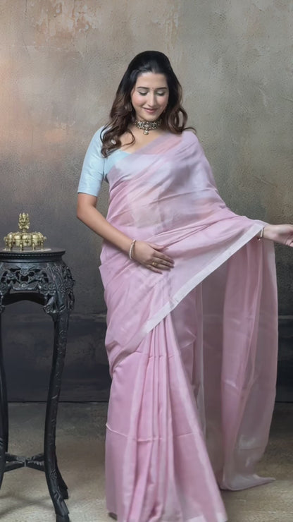 Swarvi - Elegance in Every Thread – Two Taar Chanderi Tissue Saree in Pastel Pink