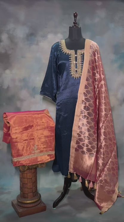 Elegant Navy Blue Mashroo Silk Suit Set with Tissue Banarasi Dupatta