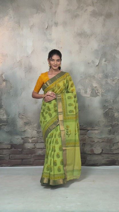 Siyahi - Parrot Green Handwoven Hand Block Printed Gold Zari Border Cotton Saree