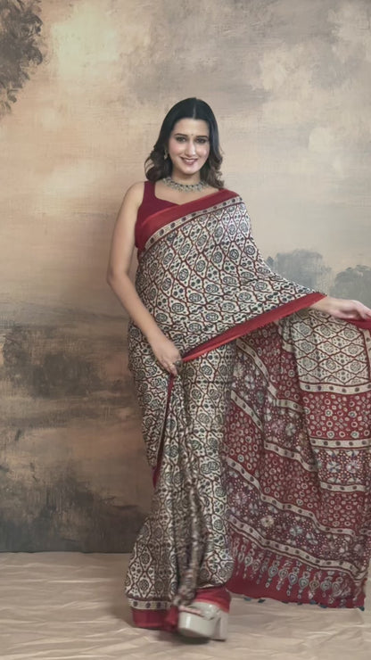 Ushraa - Deep Red Ajrakh Modal Silk Saree With Hand-Embroidered Pallu