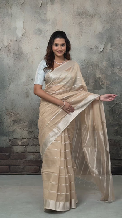 Narmaa - Beige Silver Zari Creeper Chatai Border Silk Cotton Saree