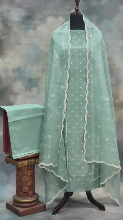 Graceful Aqua Green Chanderi Silk Cotton Embroidered Suit Set