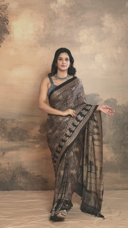 Ushraa - Ajrakh Hand Block Printed Black Modal Silk Saree With Gold Zari Border