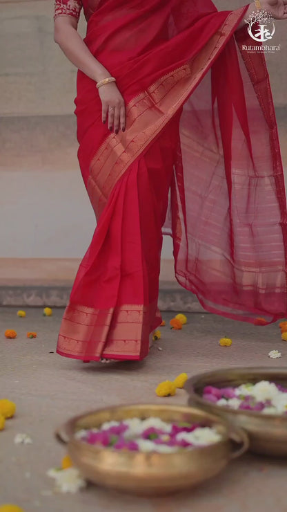 Bhadra - Red Plain Handwoven Silk Cotton Saree With Gold Zari Kanchi Border