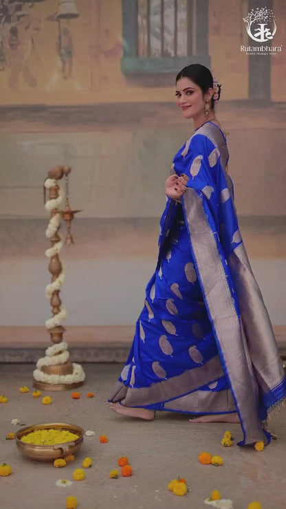 Noushk - Royal Blue Banarasi Saree With Silver Zari  Paisley Motifs
