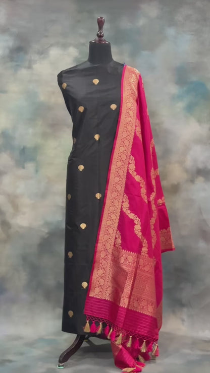 Noushk - Classic Black and Pink  Handwoven Pure Katan Silk Banarasi Suit