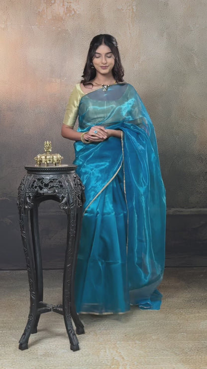 Swarvi - Lustrous Blue Handwoven Chanderi Silk Tissue Saree