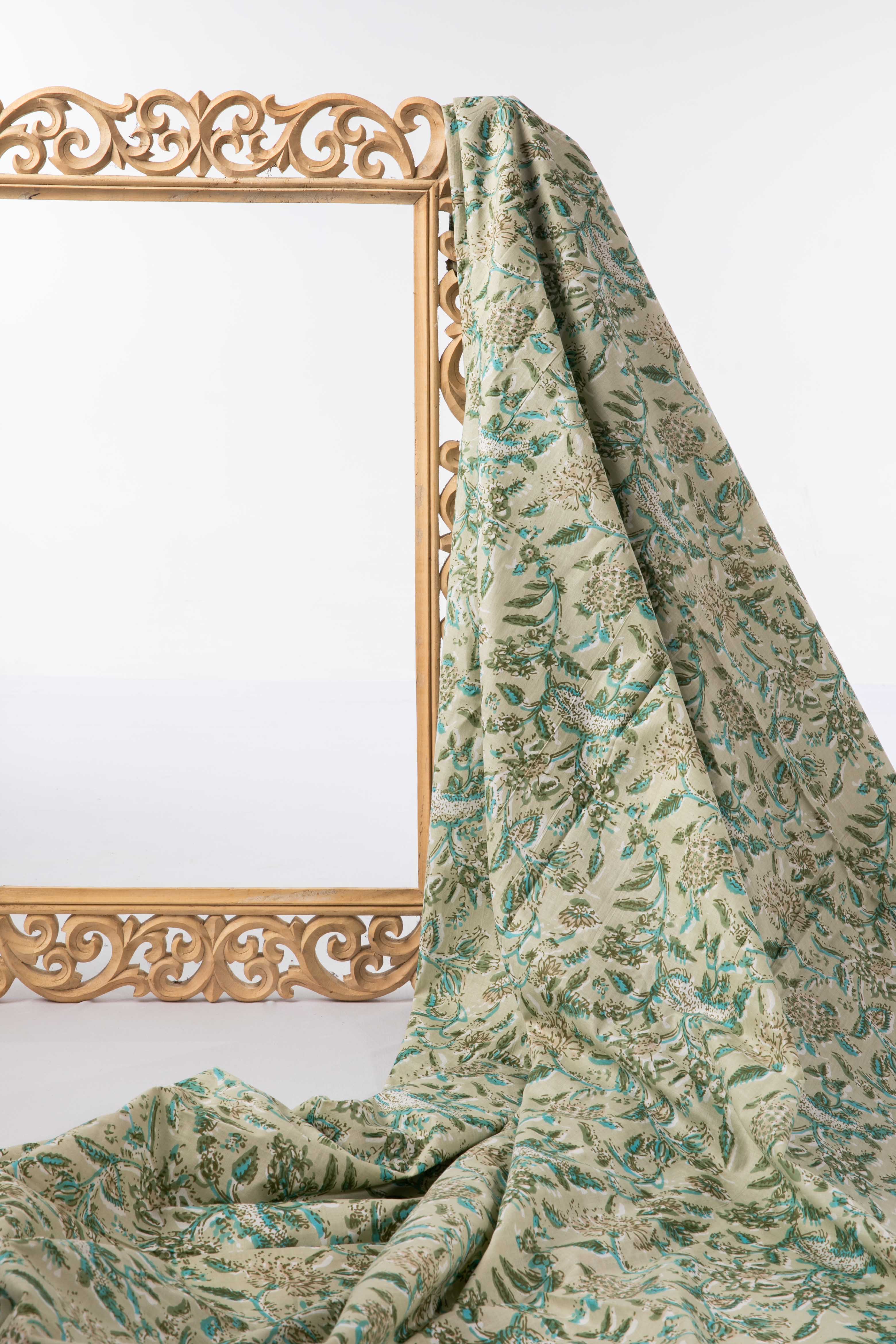 Siyahi - Beige And Teal Floral On Beige Base Fabric
