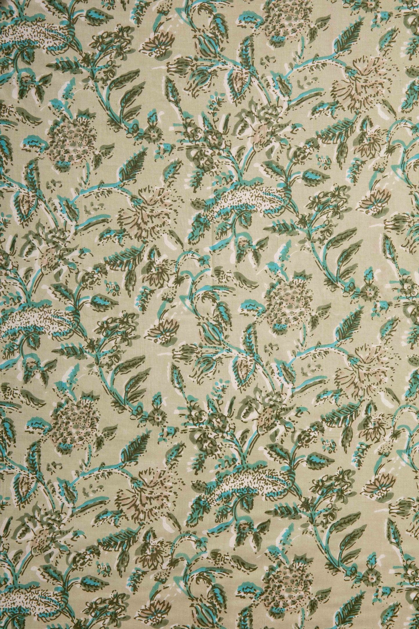 Siyahi - Beige And Teal Floral On Beige Base Fabric