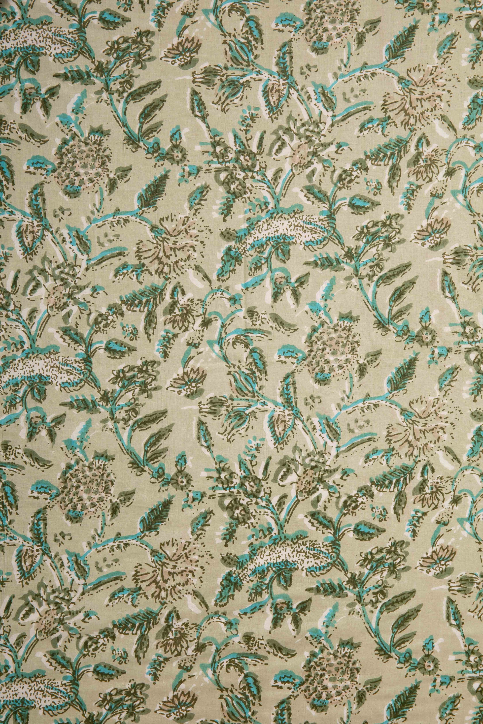 Siyahi - Beige And Teal Floral On Beige Base Fabric-Rutambhara-RUTAMBHARA