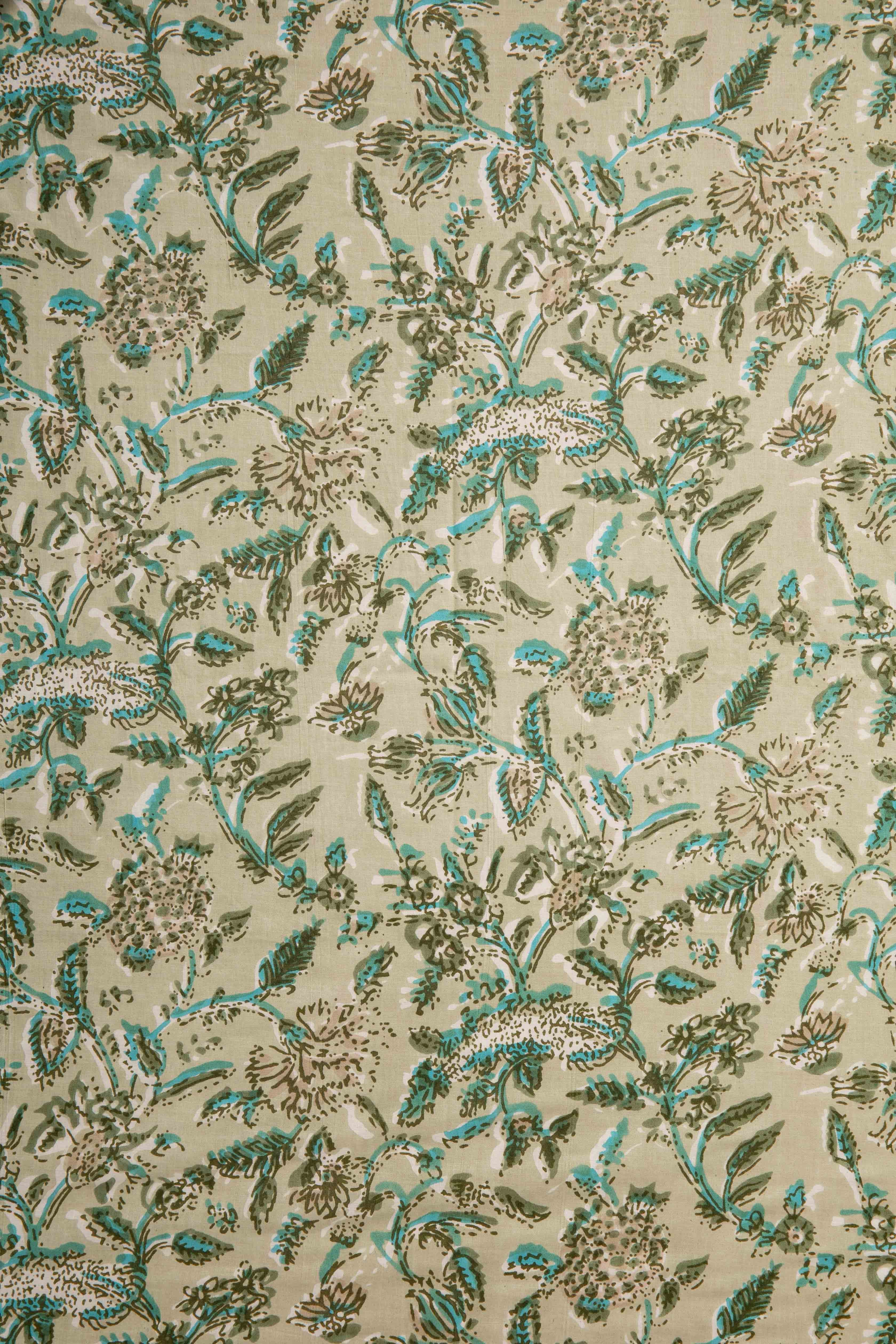 Siyahi - Beige And Teal Floral On Beige Base Fabric