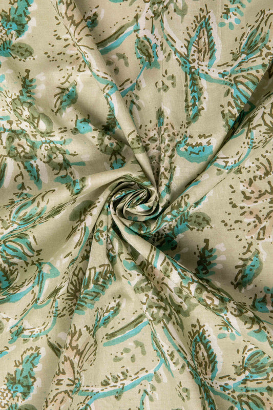 Siyahi - Beige And Teal Floral On Beige Base Fabric