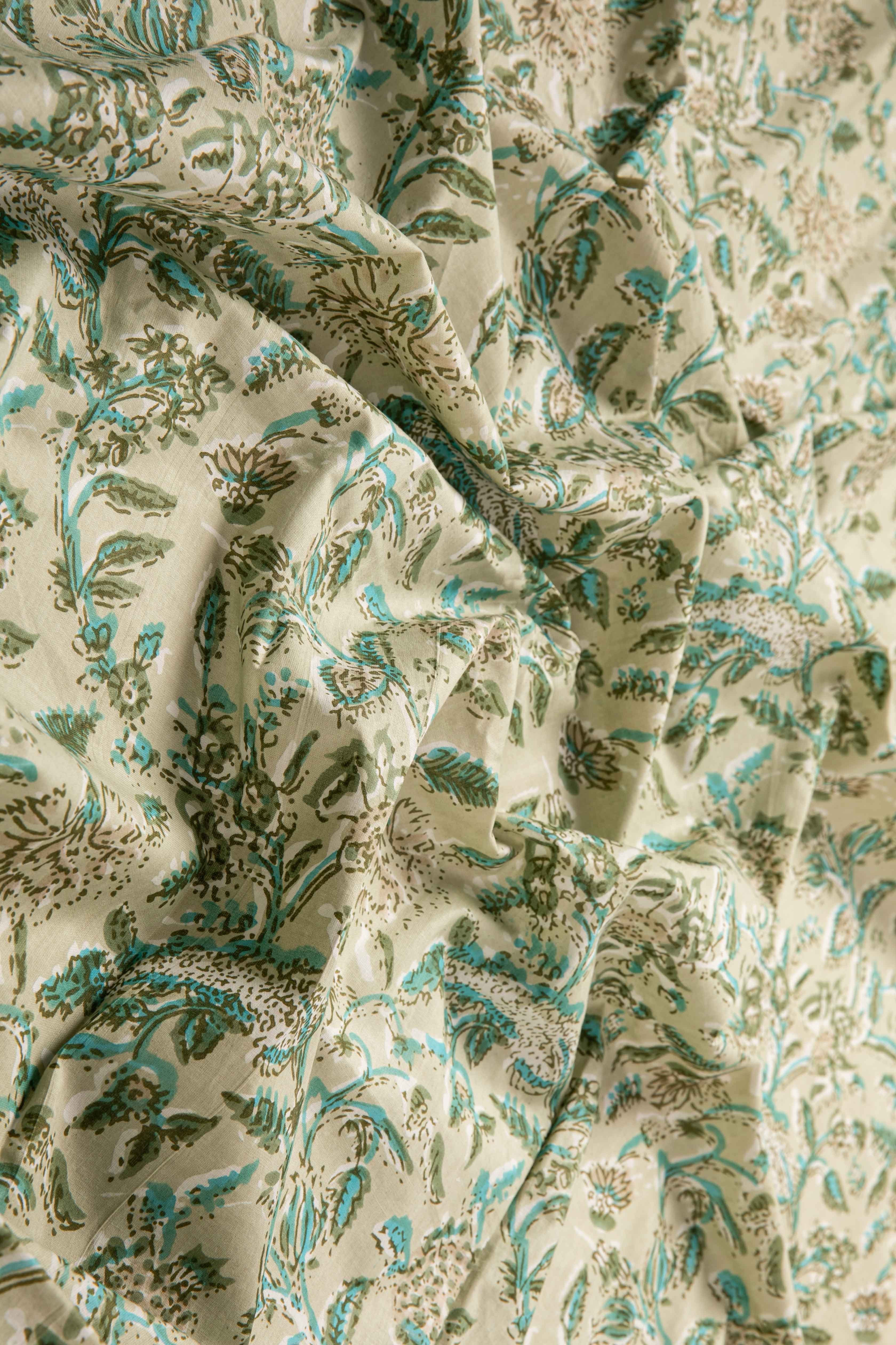 Siyahi - Beige And Teal Floral On Beige Base Fabric