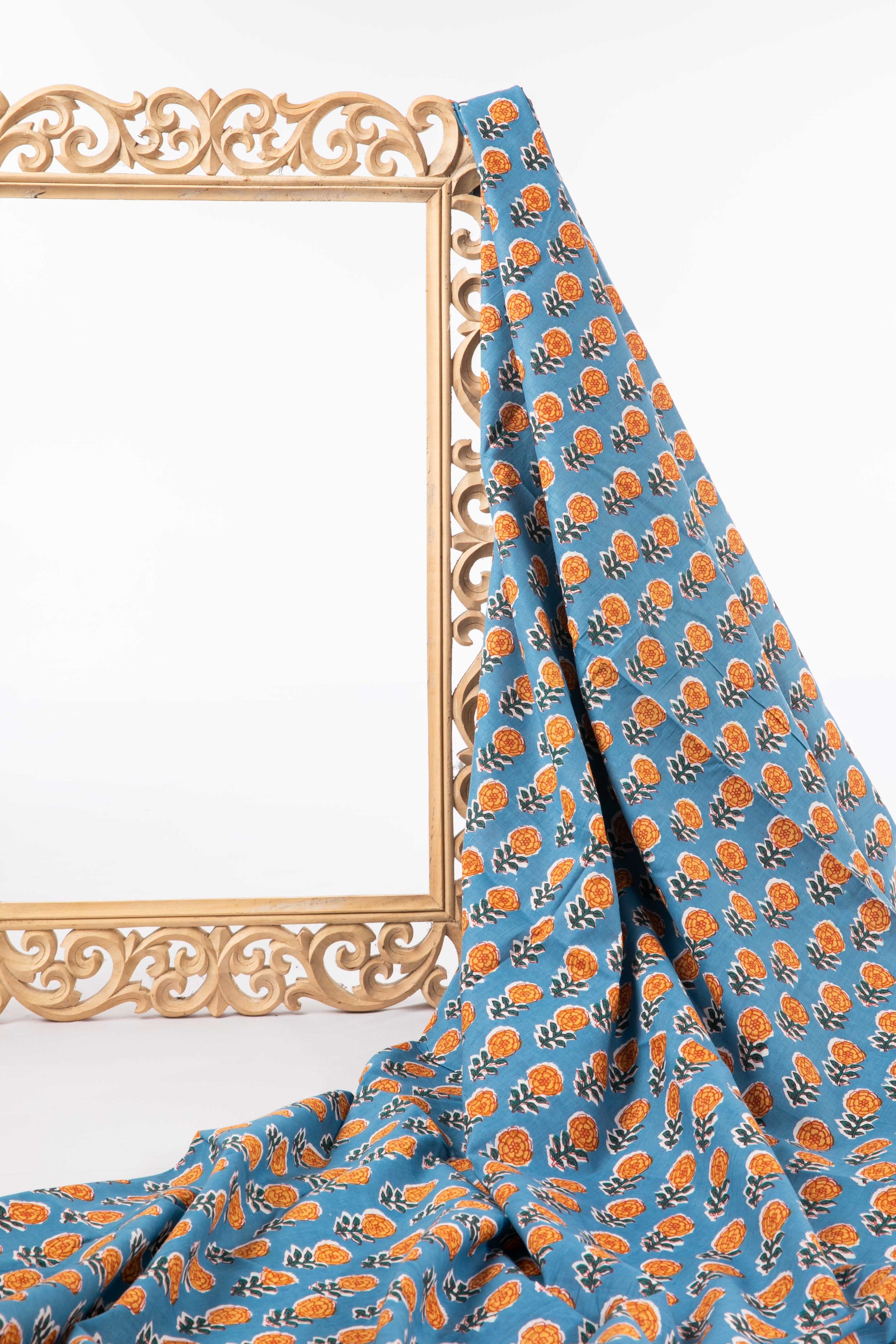 Siyahi - Classic Marigold Sanganeri Screen Print Fabric-Rutambhara-RUTAMBHARA