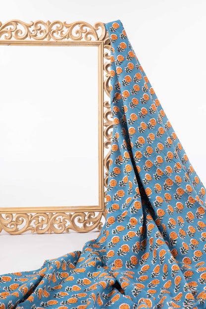 Siyahi - Classic Marigold Sanganeri Screen Print Fabric-Rutambhara-RUTAMBHARA