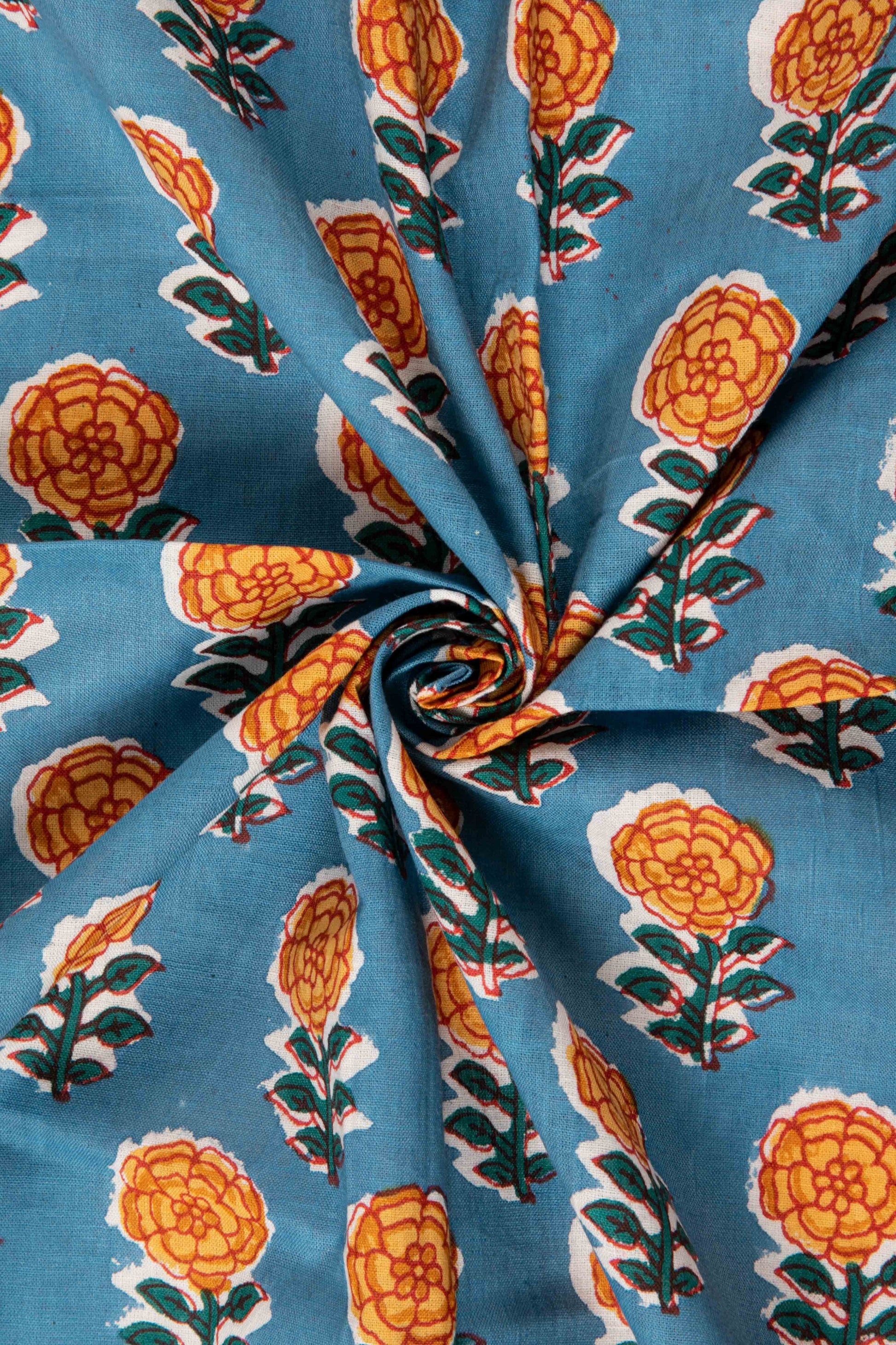 Siyahi - Classic Marigold Sanganeri Screen Print Fabric-Rutambhara-RUTAMBHARA