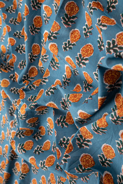 Siyahi - Classic Marigold Sanganeri Screen Print Fabric-Rutambhara-RUTAMBHARA