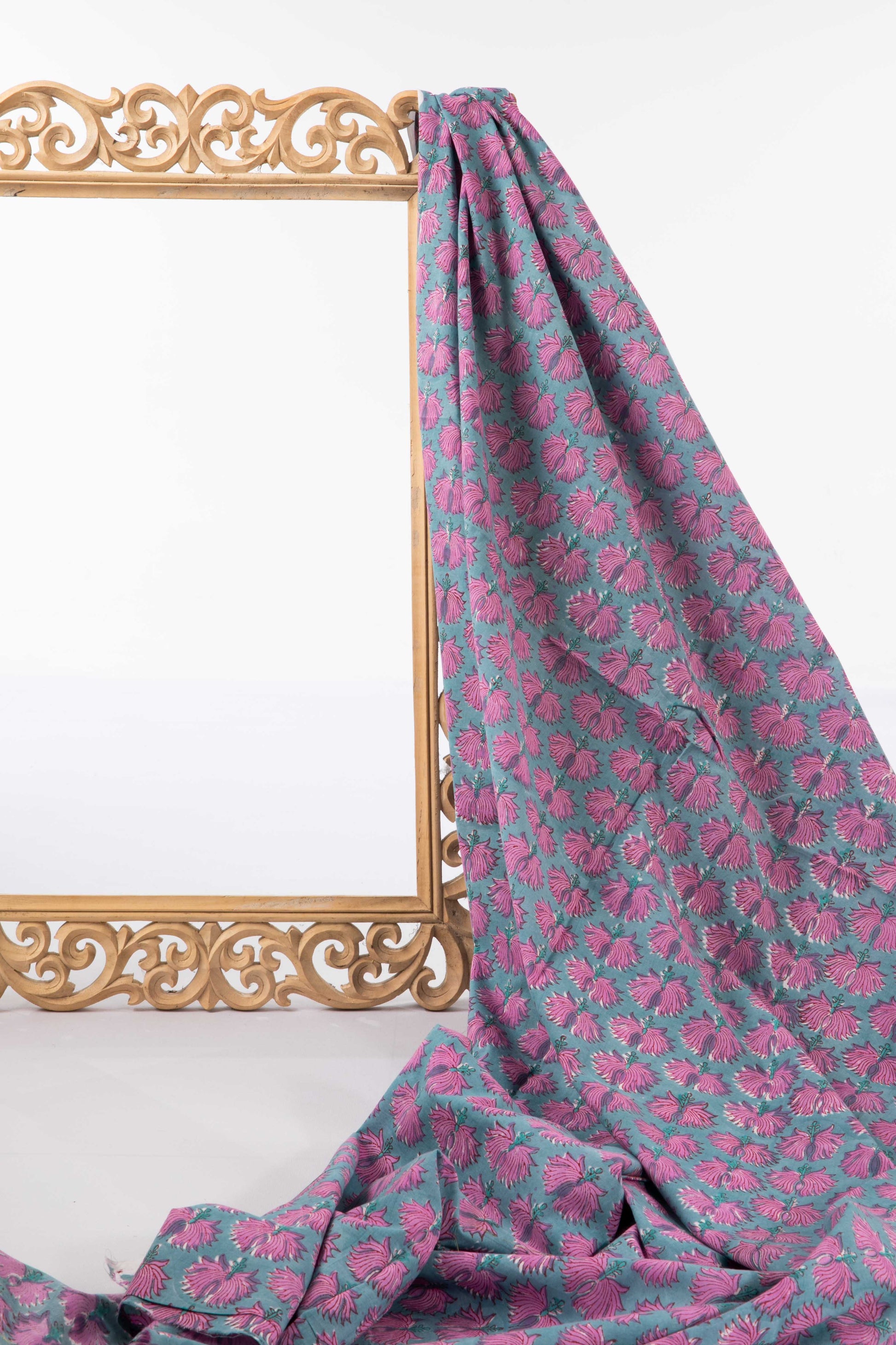 Siyahi-Teal And Pink Floral Cotton Fabric-Rutambhara-RUTAMBHARA