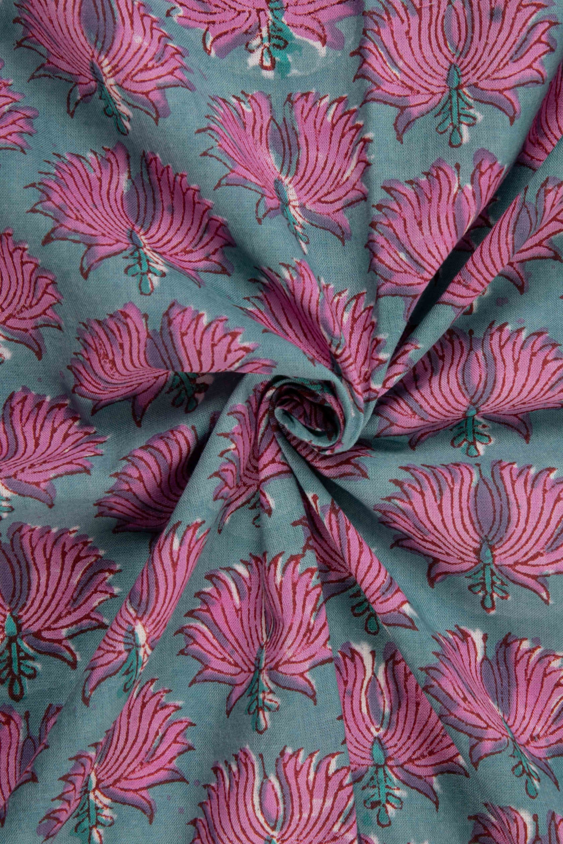 Siyahi-Teal And Pink Floral Cotton Fabric-Rutambhara-RUTAMBHARA